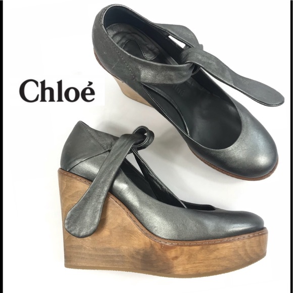 Chloe Maryjane Pewter Leather Wooden Platform 7 - Picture 2 of 8